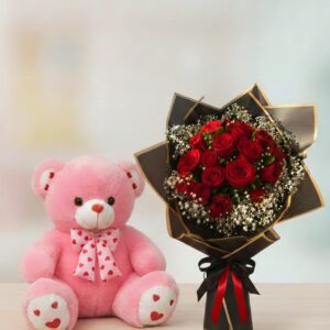 FlowerShopKarachi Signature: Sweetheart Pink Bear & Midnight Rose Wrap