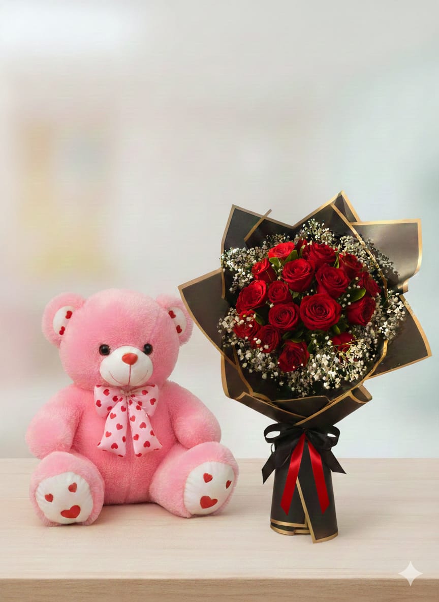 FlowerShopKarachi Signature: Sweetheart Pink Bear & Midnight Rose Wrap