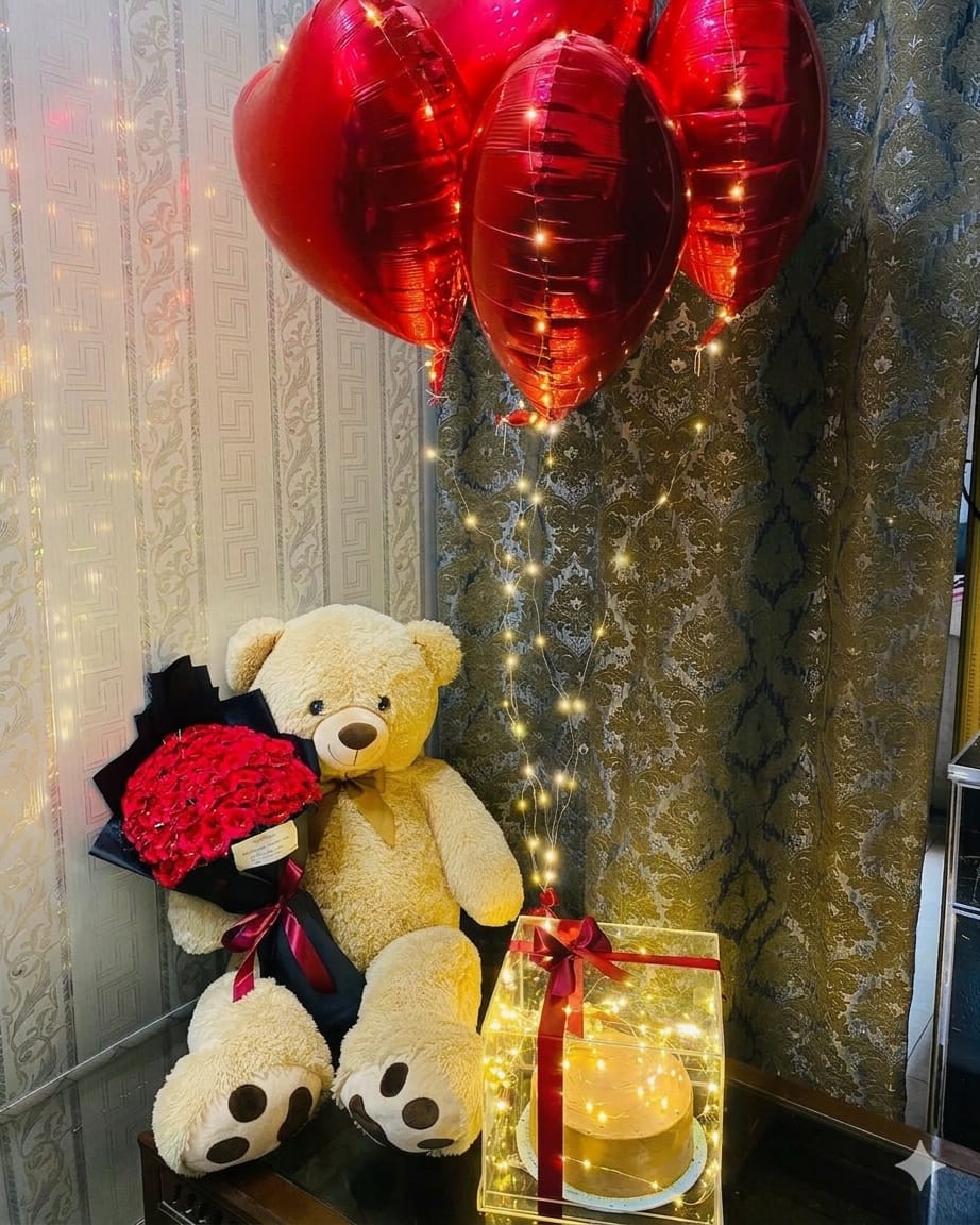 Medium Teddy, Rose Bouquet & LED Cake Box