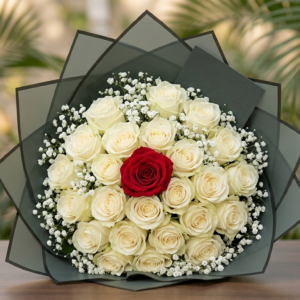 The Crimson Heart White Rose Bouquet