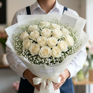 Heavenly White Roses & Baby's Breath Arrangement