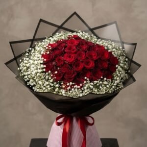 Crimson Halo Baby's Breath Rose Bouquet
