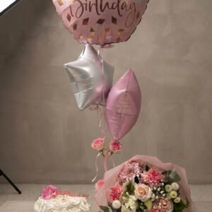 Pink Celebration Balloon, Cake, and Floral Gift Bundle