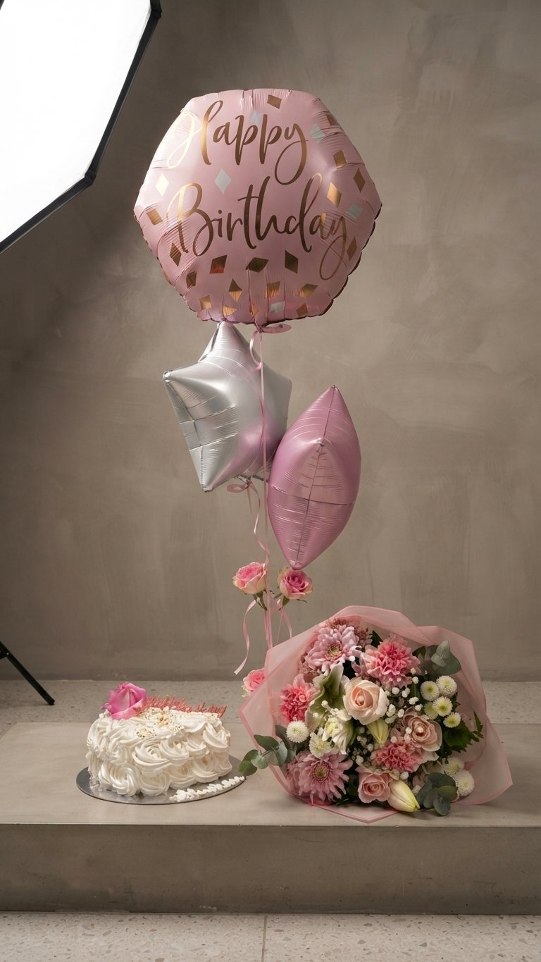 Pink Celebration Balloon, Cake, and Floral Gift Bundle