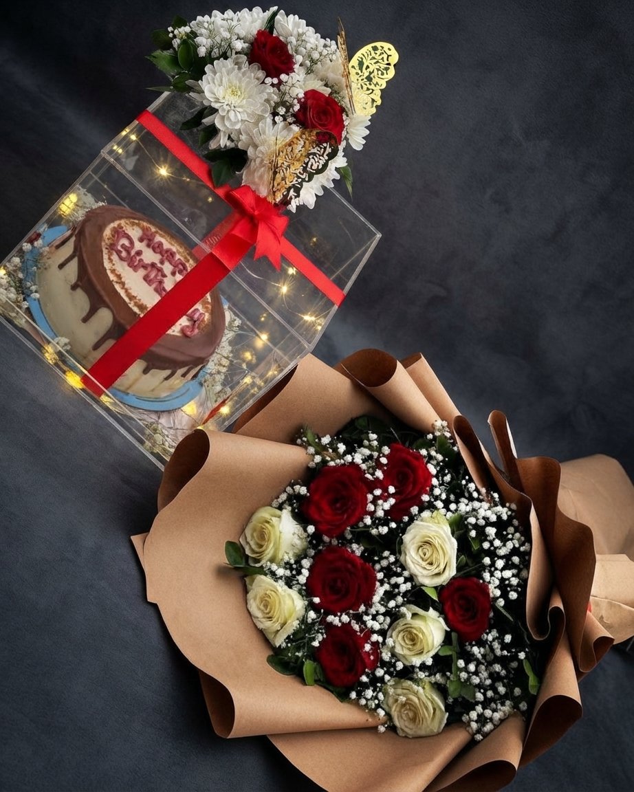 Rustic Duo Rose and Birthday Cake Gift Set