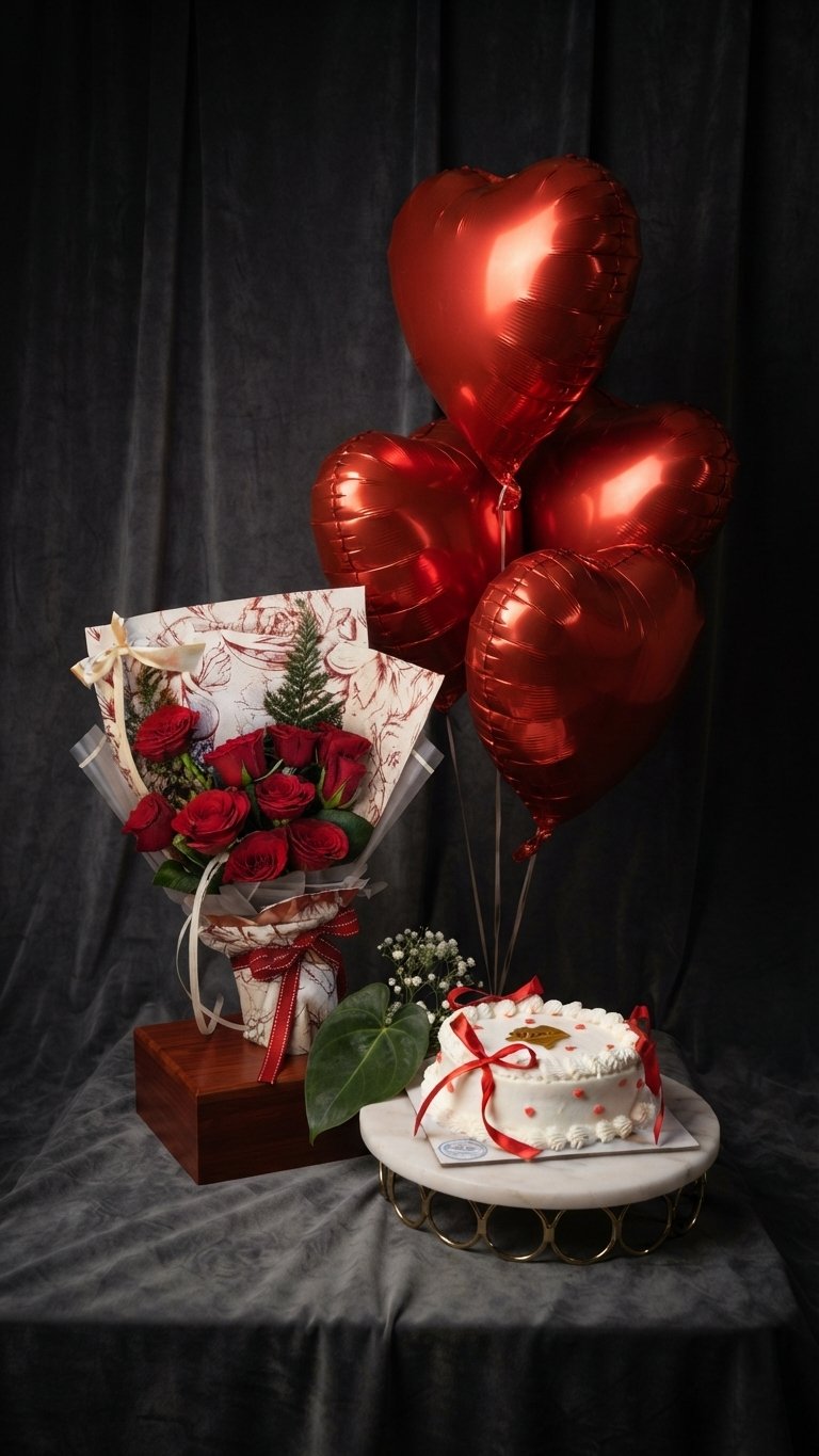 Crimson Heart Romance Balloon, Cake, and Rose Gift Set