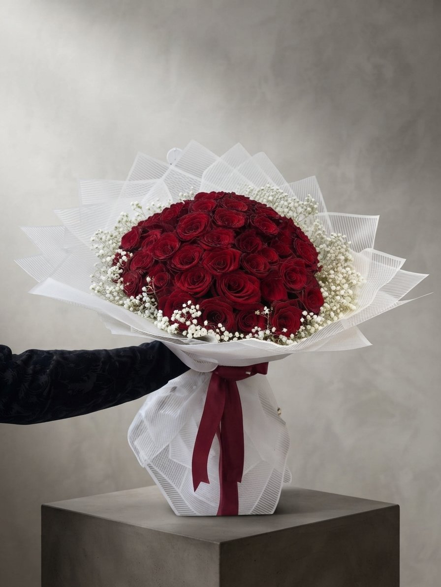 Ivory Velvet Crimson Rose Bouquet