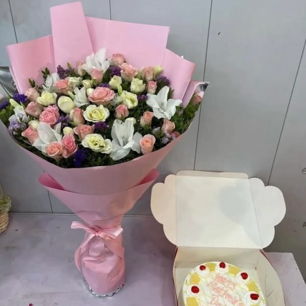 Blushing Pastel Grace Cake and Bouquet