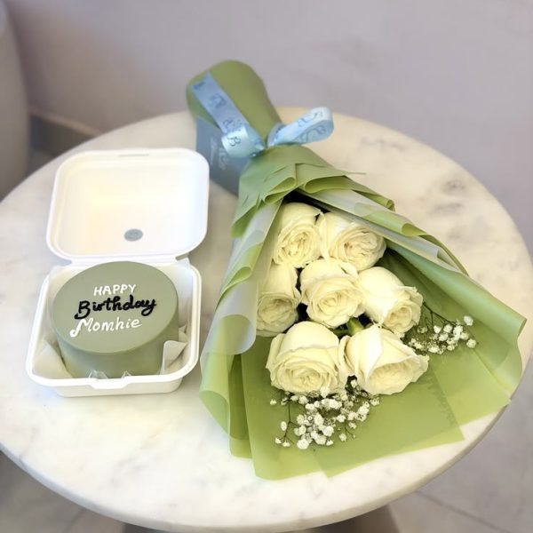 Sage Serenity Bento Cake and White Rose Combo