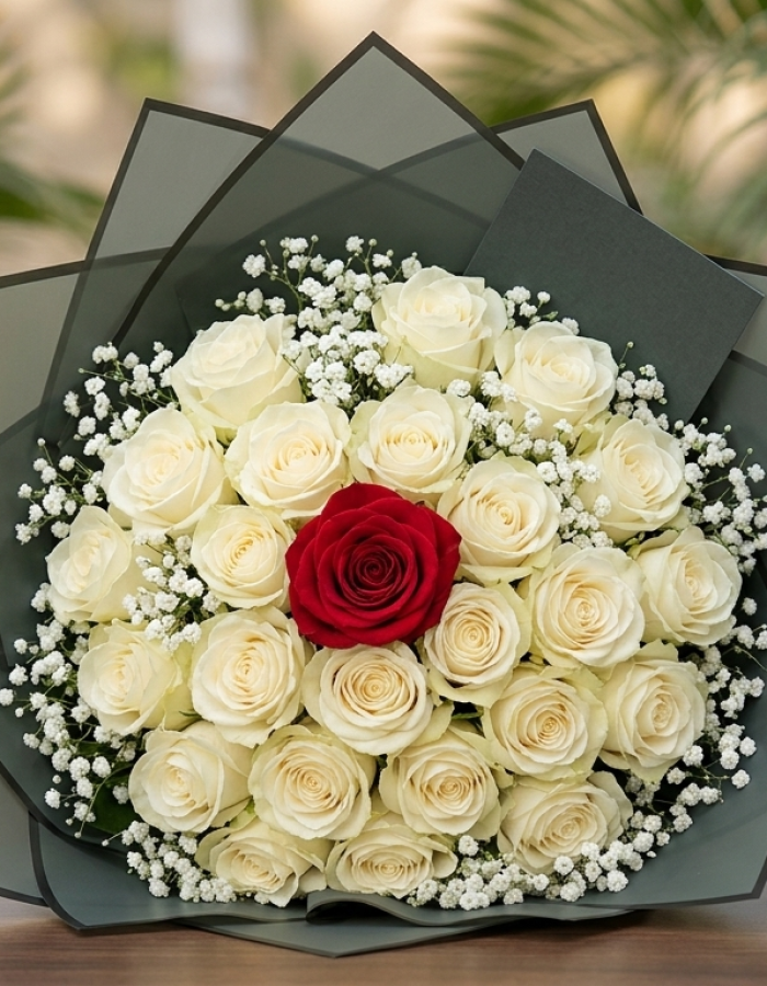 The Crimson Heart White Rose Bouquet