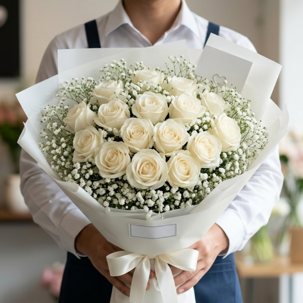 Heavenly White Roses & Baby’s Breath Arrangement