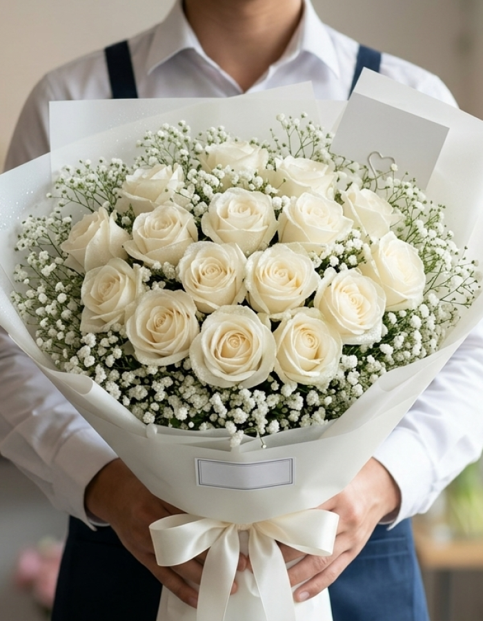 Heavenly White Roses & Baby’s Breath Arrangement