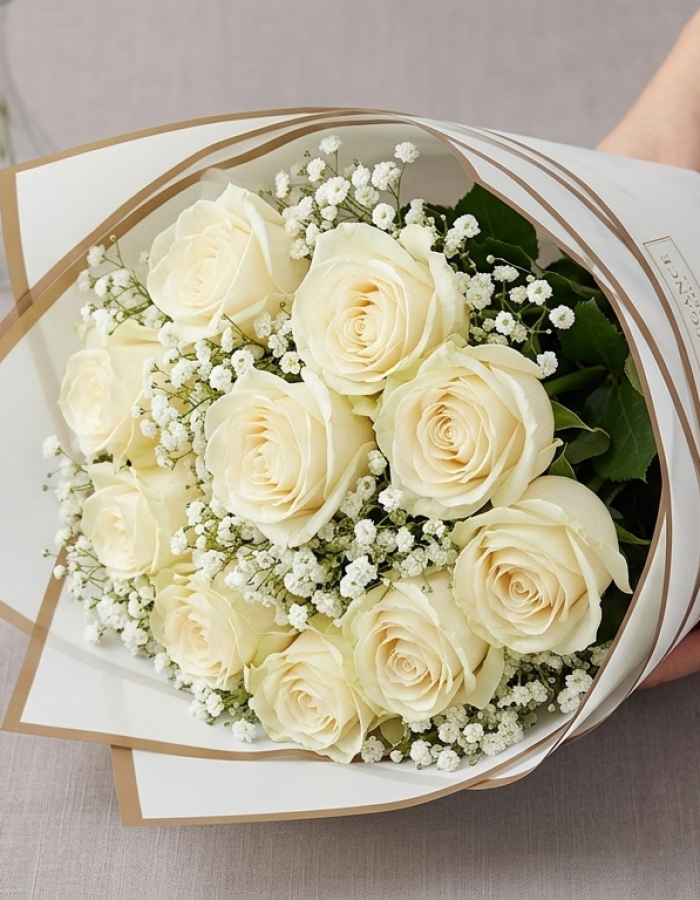 Royal Ivory Rose & Baby’s Breath Bouquet