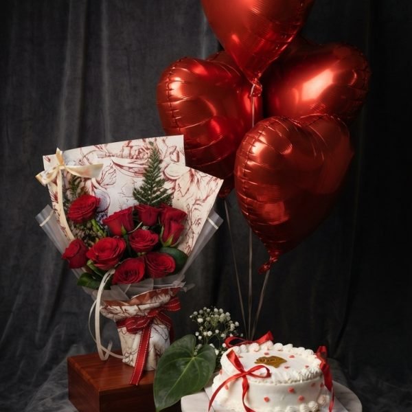 Crimson Heart Romance Balloon, Cake, and Rose Gift Set