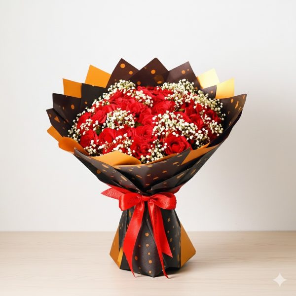 50 Roses Bouquet With Heavy Baby Breath