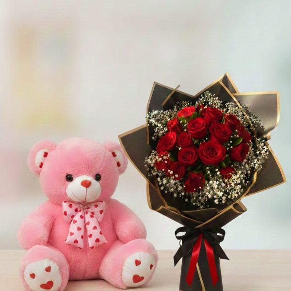FlowerShopKarachi Signature: Sweetheart Pink Bear & Midnight Rose Wrap